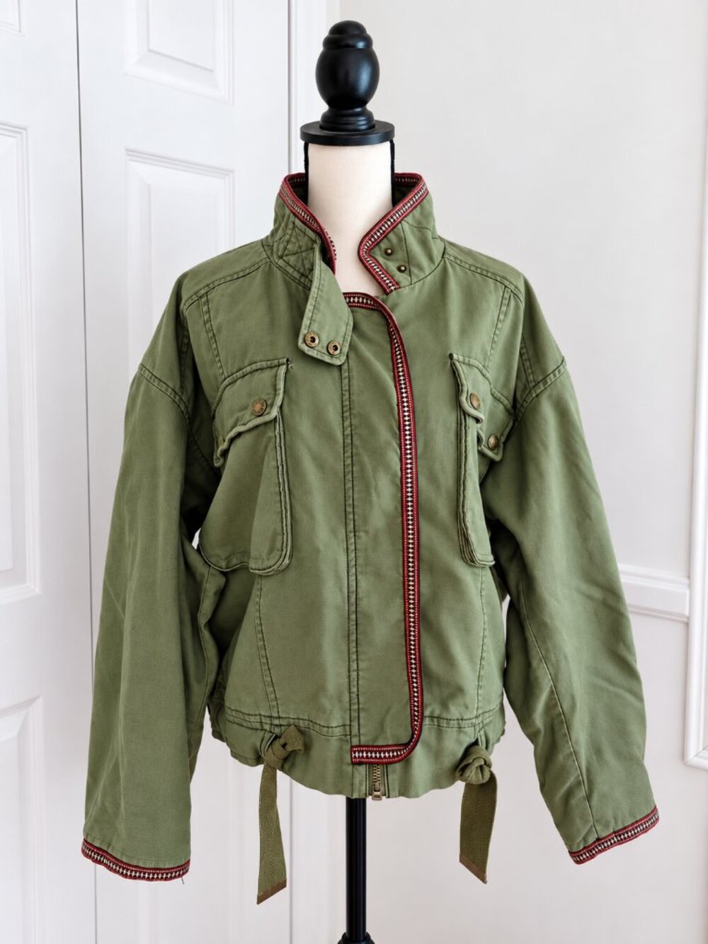 Free People Olive Green Utility Jacket Embroidered Trim – Sz. M